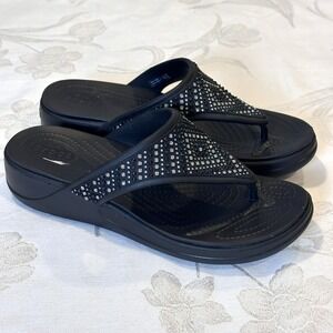 Crocs Sandals Womens-11 Monterey Shimmer Wedge Thong Flip Flops Black